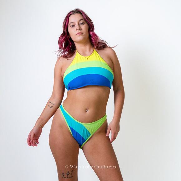 Vintage 90s Hobie Neon Green Blue Striped Full High Waist V Cut Bikini Set - Picture 2 of 10